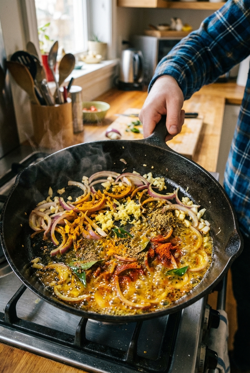 A skillet with sautéed onions, garlic, and ginger with curry spices blooming in oil