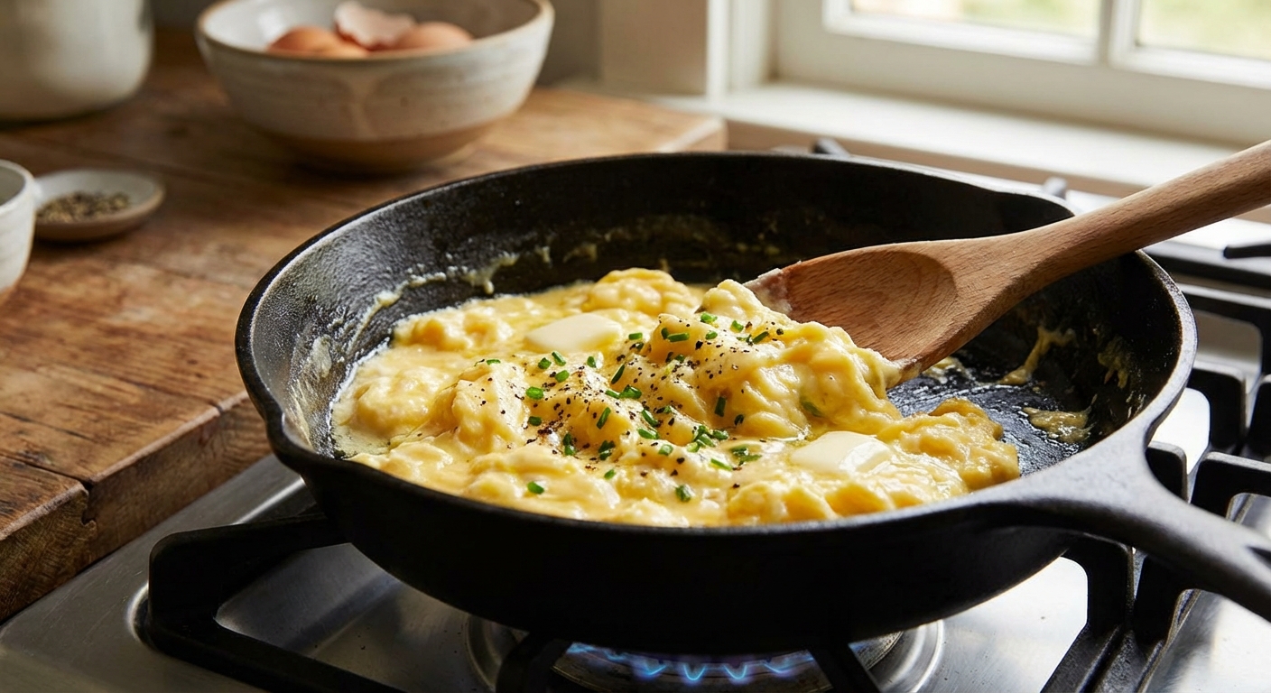 A skillet with scrambled eggs and a spoon folding them into soft curds