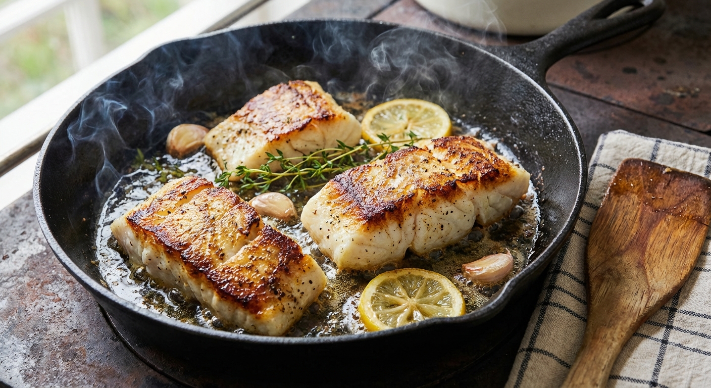 A skillet with seasoned white fish fillets sizzling with golden browned edges