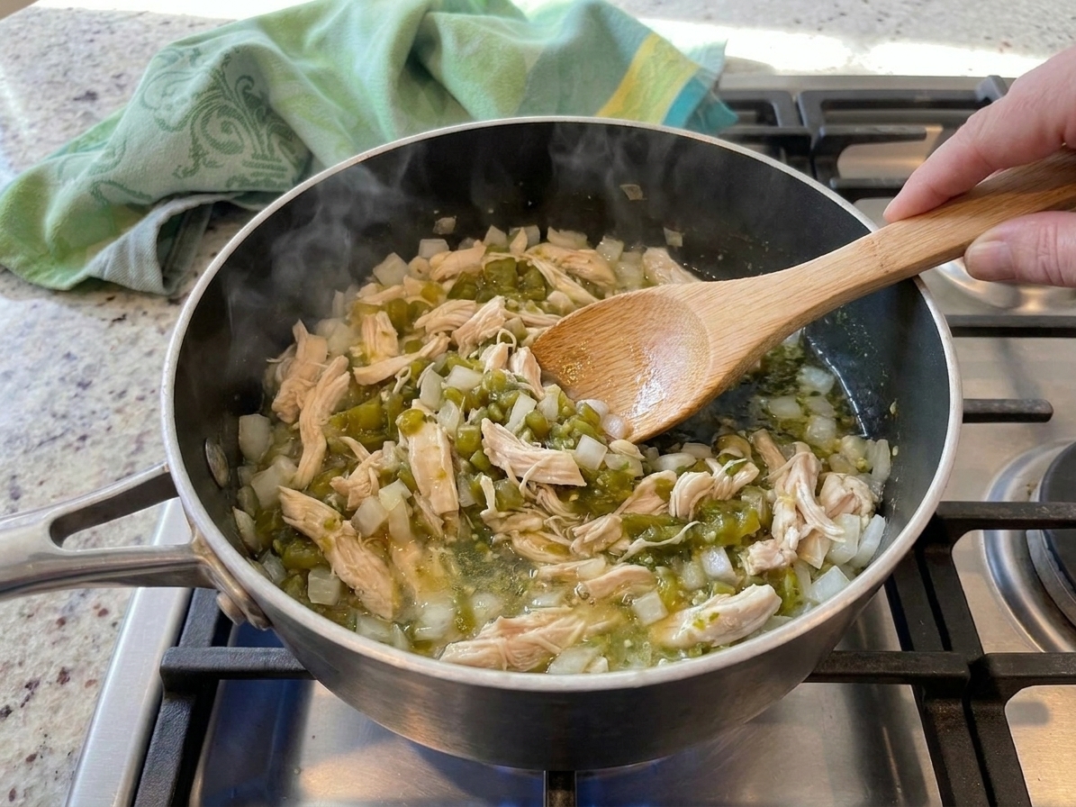 A skillet with shredded chicken filling being sautéed with onions and green chiles on a home stove