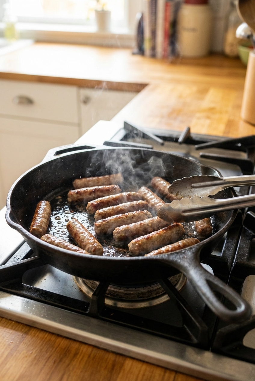 A skillet with sizzling breakfast sausage links and a pair of tongs resting on the edge