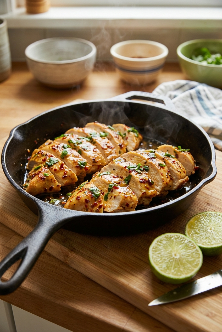A skillet with sliced chili-lime chicken resting after cooking with a lime cut in half nearby