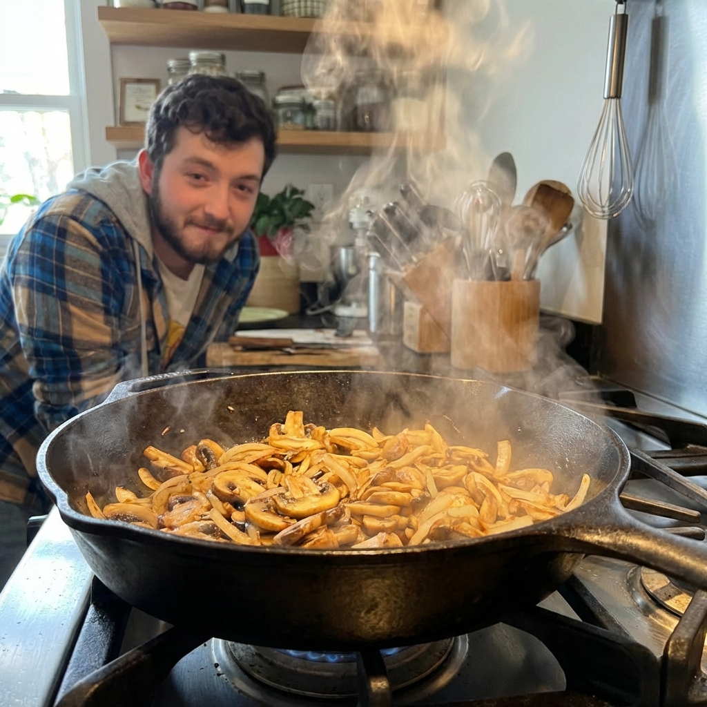 A skillet with sliced mushrooms and onions sautéing until golden brown, with steam rising