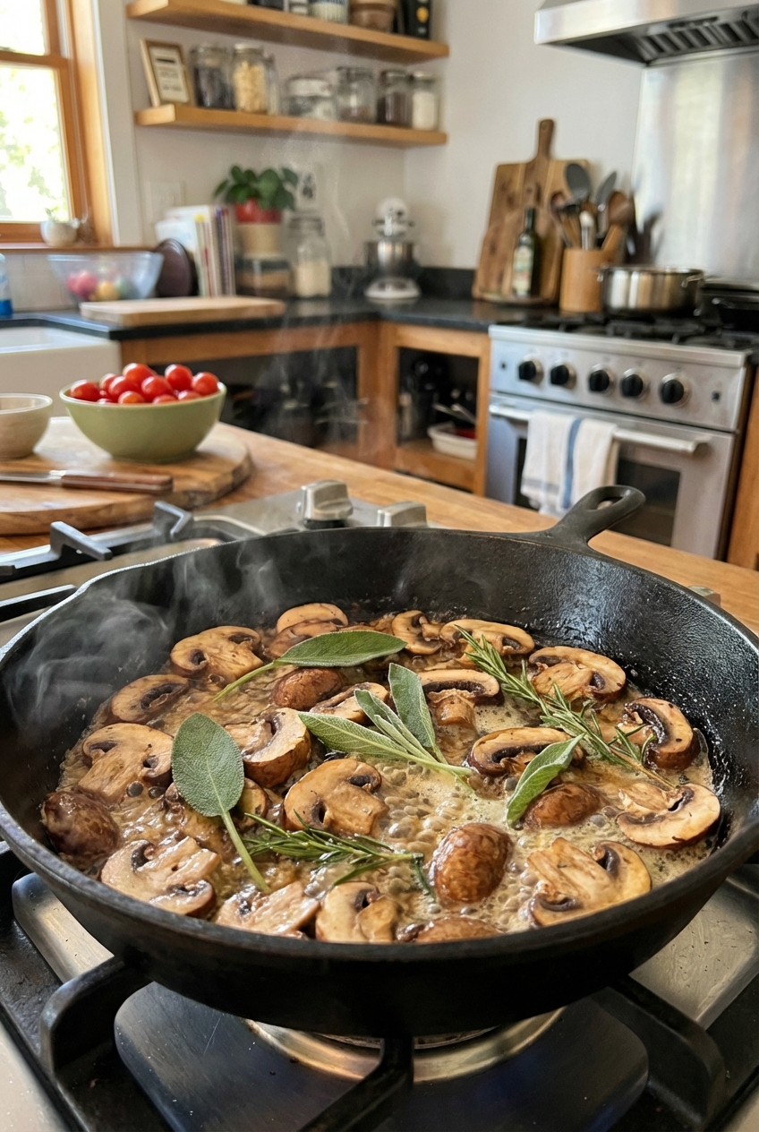 A skillet with sliced mushrooms browning in butter with fresh sage leaves