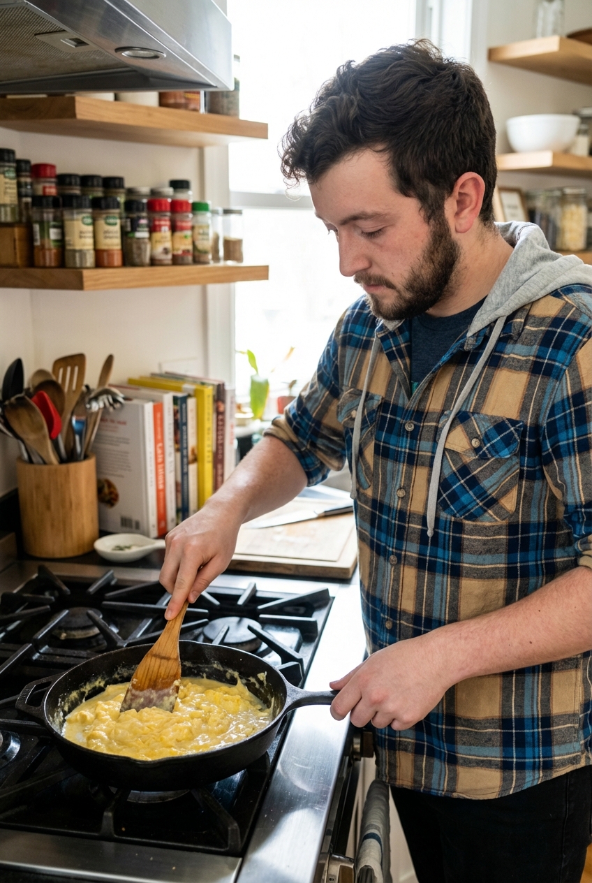 A skillet with softly scrambled eggs being stirred with a spatula on a stovetop