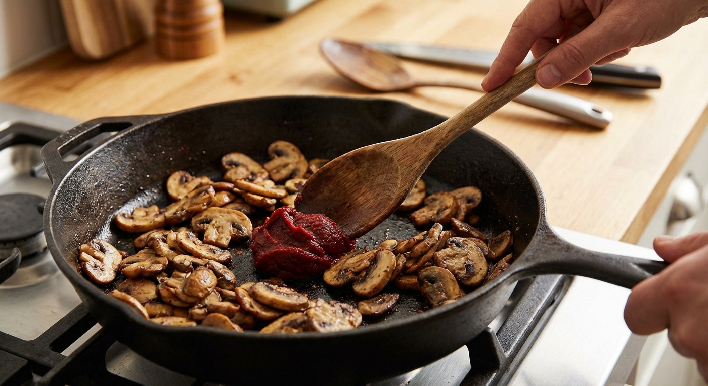 A skillet with tomato paste and sautéed mushrooms being stirred with a wooden spoon