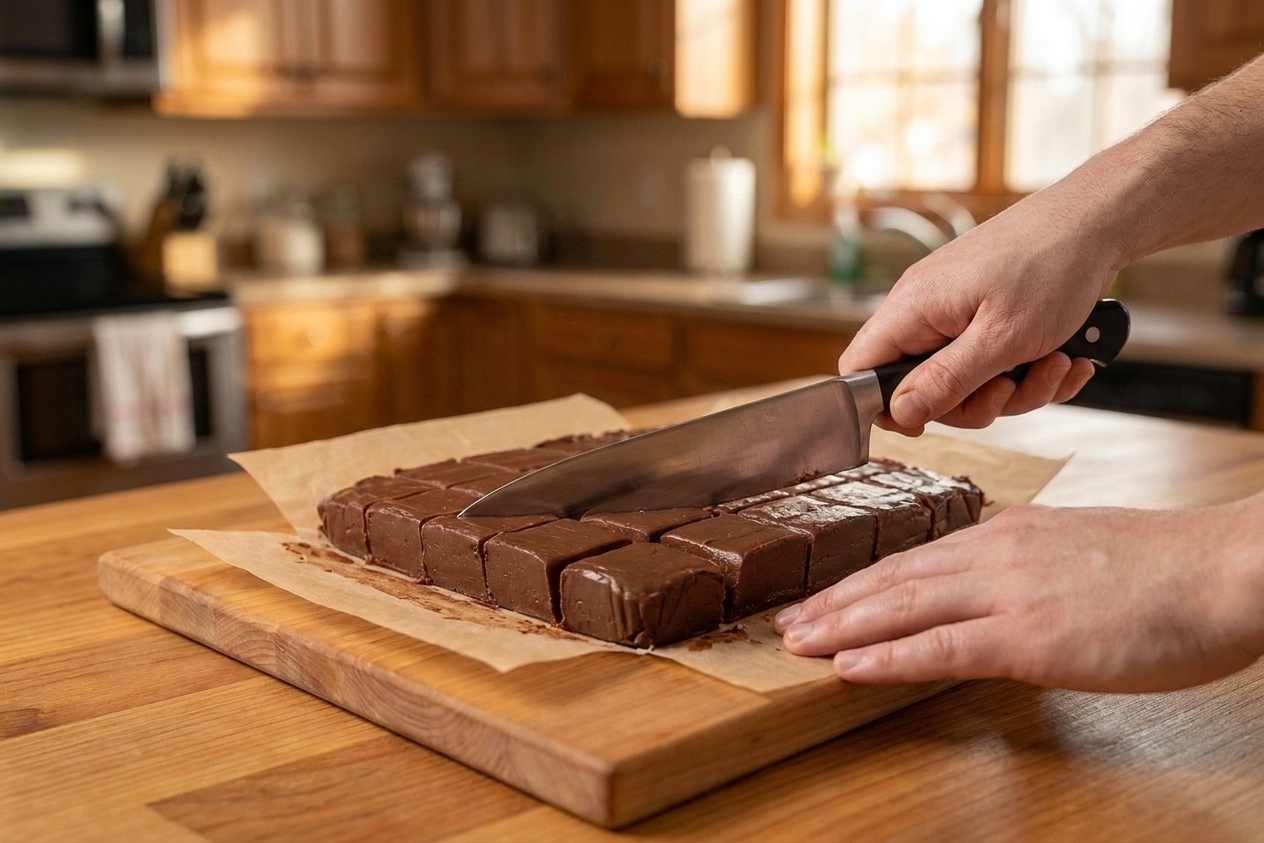 A slab of chocolate fudge being cut into neat squares on a cutting board in a bright home kitchen