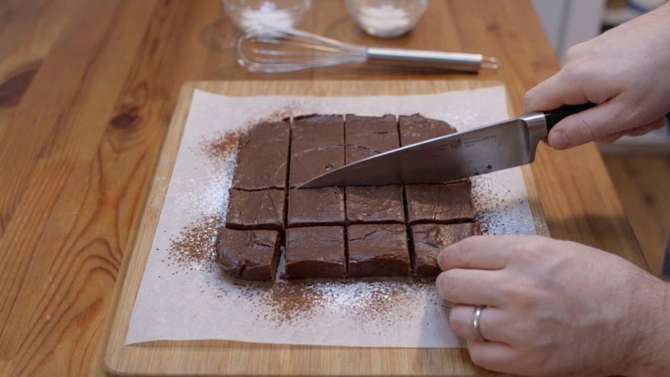 A slab of chocolate fudge on parchment being sliced into neat squares with a sharp knife on a wooden cutting board