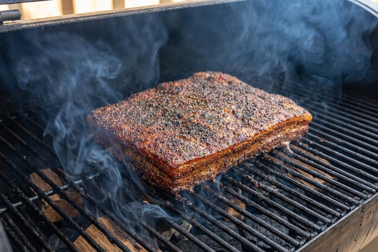 A slab of pork belly on smoker grates with gentle smoke rising, bark forming on the surface