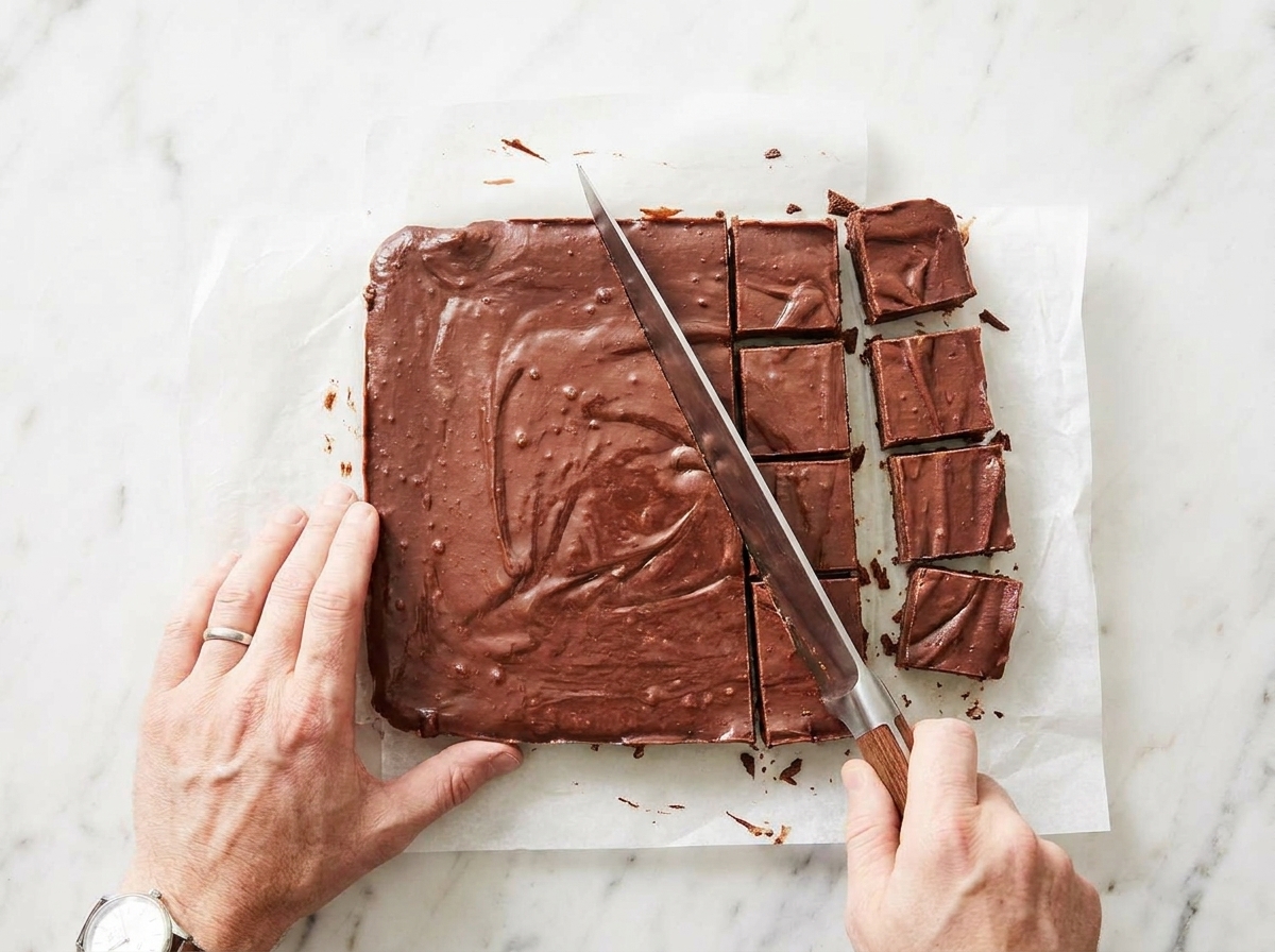 A slab of set cocoa fudge being sliced into neat squares on parchment paper with a chef's knife