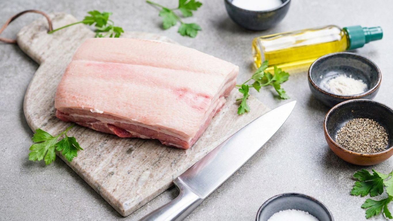 A slab of skin-on pork belly on a wooden cutting board with a sharp chef’s knife and small bowls of salt and spices on a kitchen counter