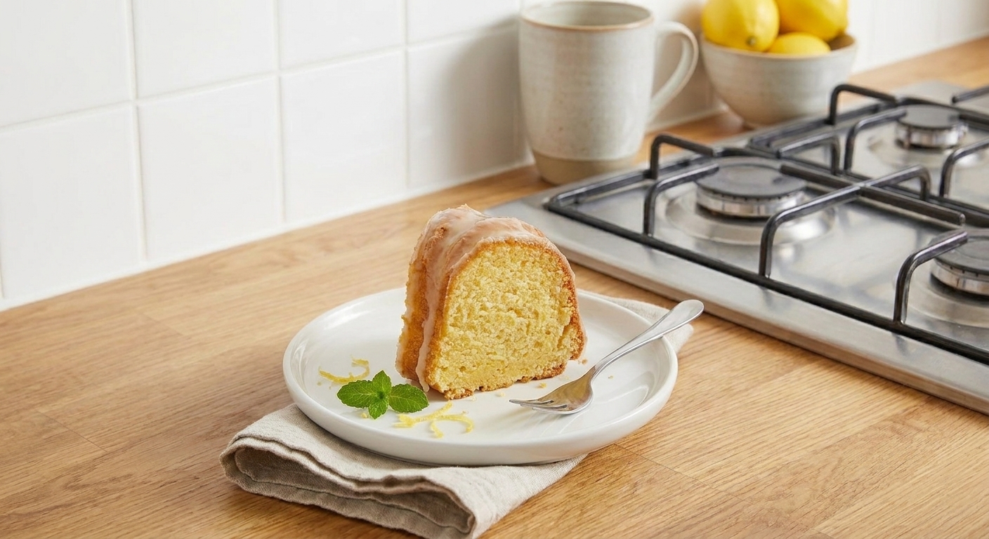 A slice of 7Up pound cake on a small plate with a light citrus glaze, set on a cozy table setting