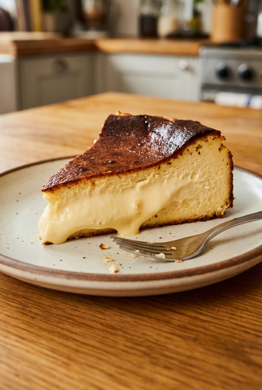 A slice of Basque cheesecake on a dessert plate showing a creamy center and dark caramelized top