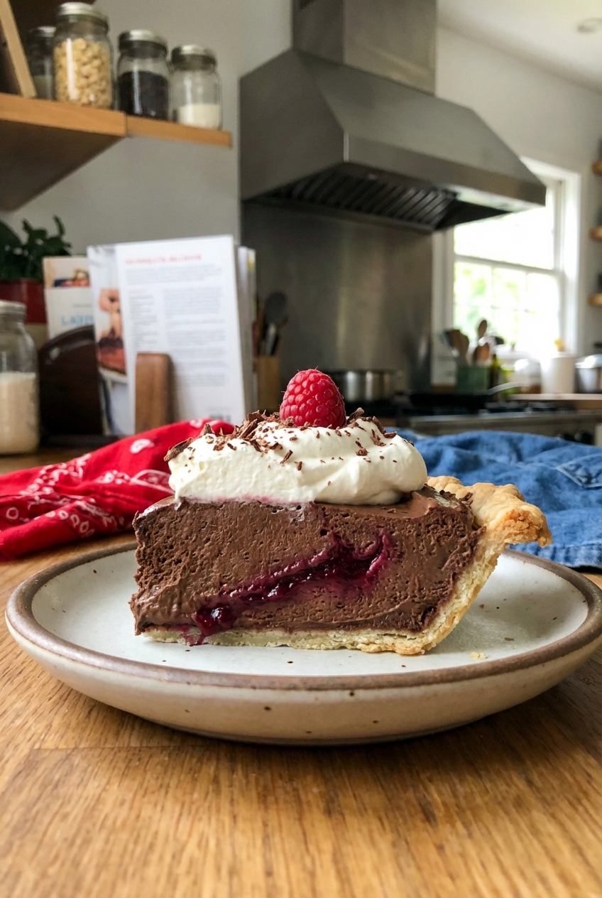 A slice of French silk pie showing a dark chocolate filling with a subtle berry swirl and a dollop of whipped cream on a dessert plate