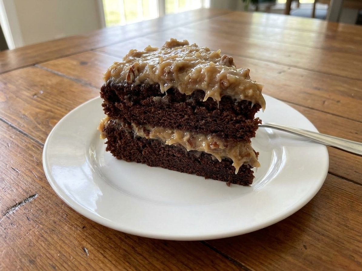 A slice of German chocolate cake with thick coconut-pecan frosting piled high on a white plate set on a warm wood table