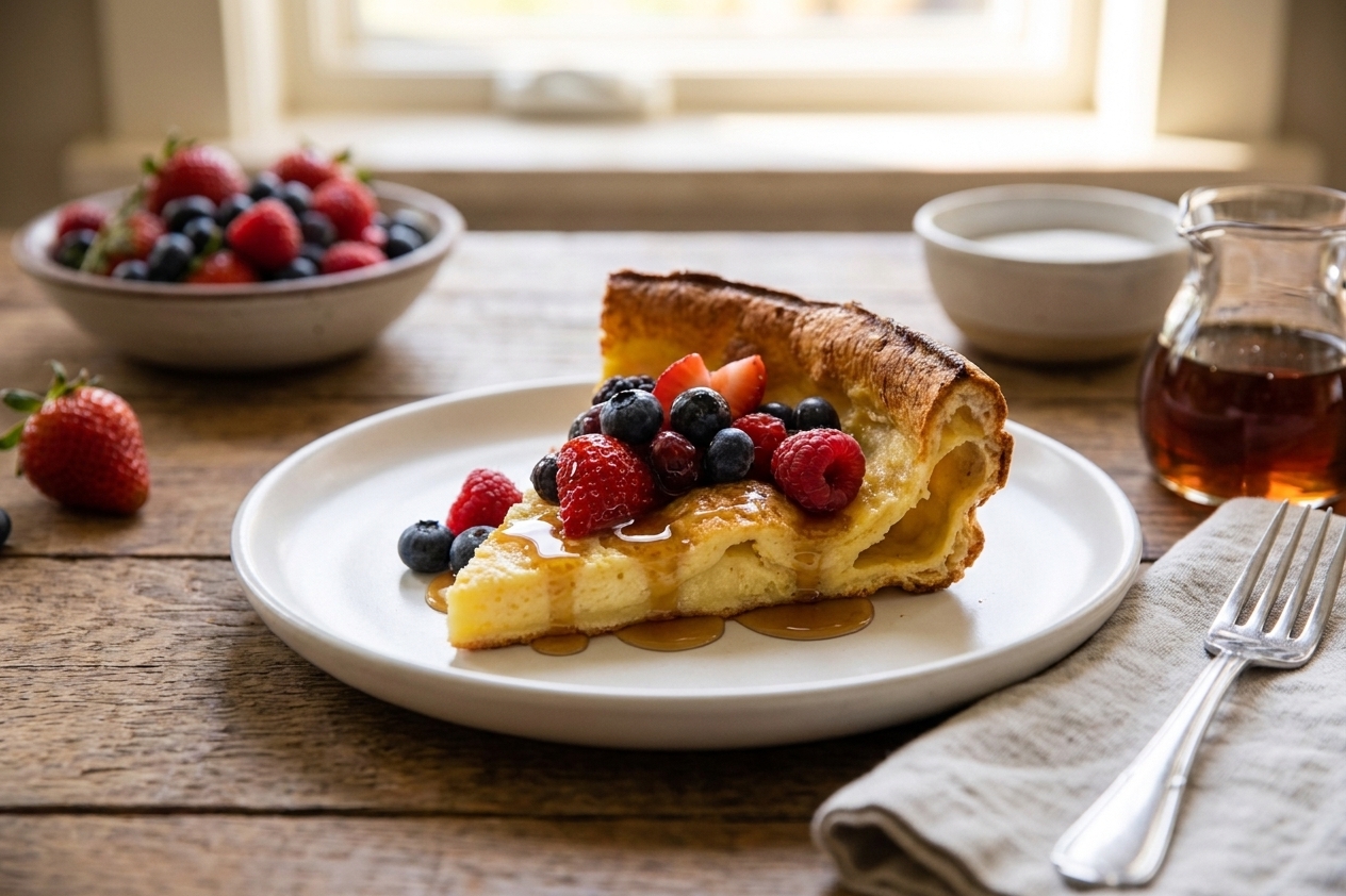 A slice of German pancake on a white plate topped with fresh berries and a drizzle of maple syrup on a simple breakfast table setting