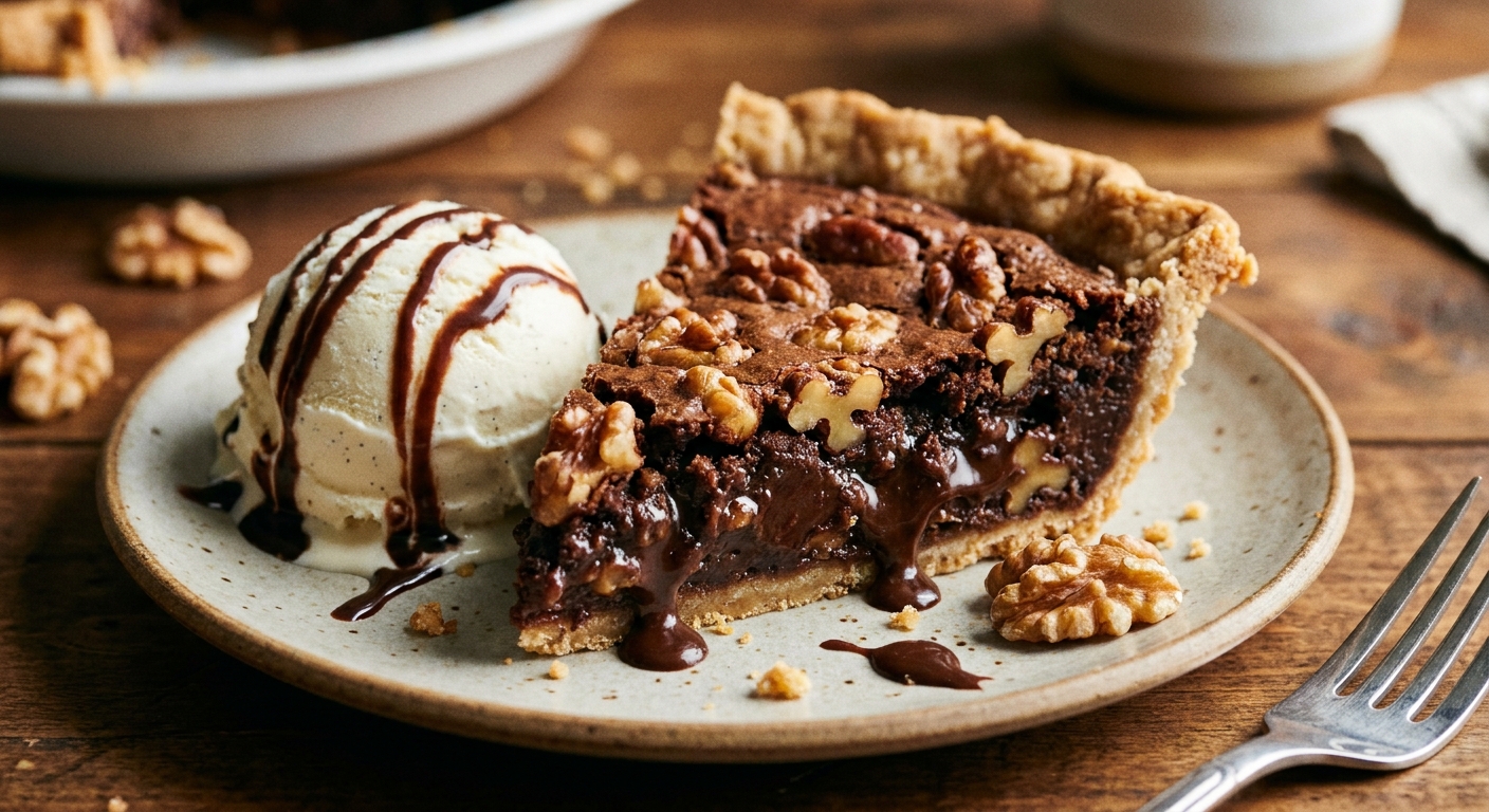 A slice of Kentucky chocolate walnut pie served with a scoop of vanilla ice cream on a plate, chocolate and walnuts visible in the fudgy filling