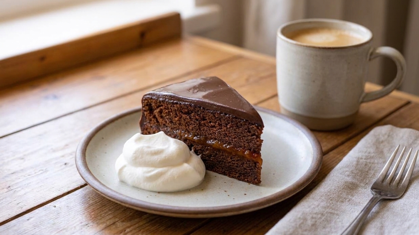 A slice of Sacher-style chocolate cake served with a dollop of whipped cream and a cup of coffee on a wooden table with simple table setting