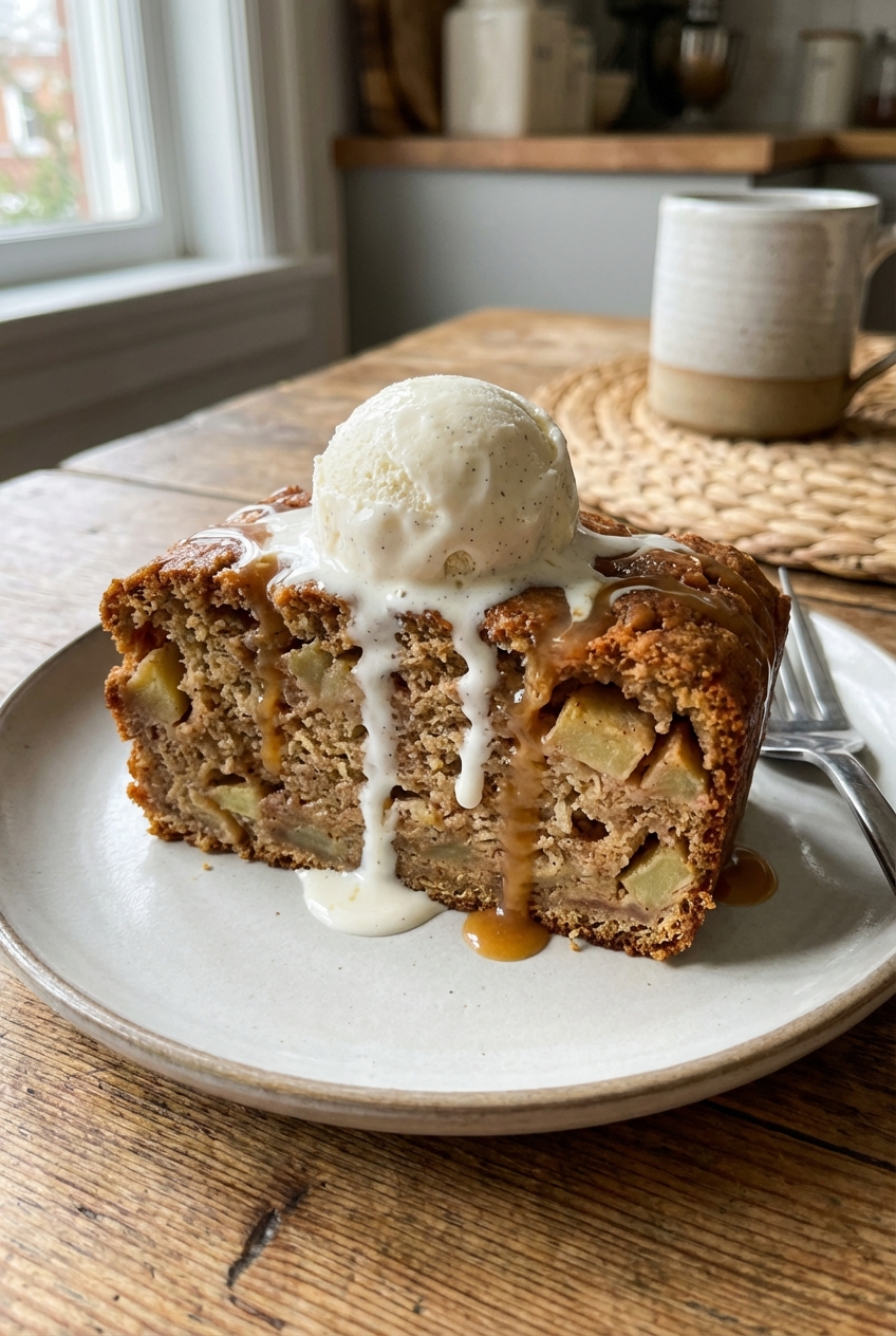 A slice of apple bread served warm with a scoop of vanilla ice cream melting on top