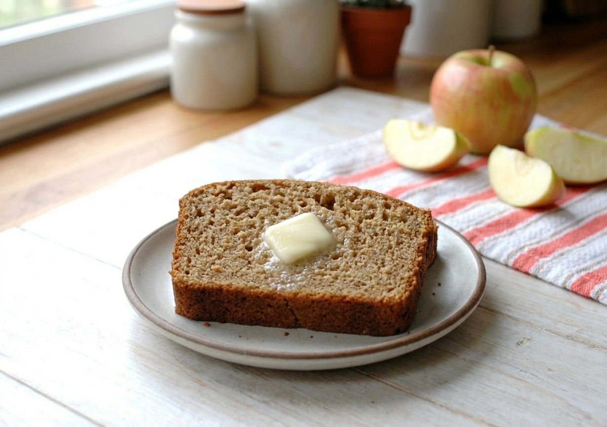 A slice of applesauce bread on a small plate with a pat of butter, set on a simple kitchen table in soft daylight