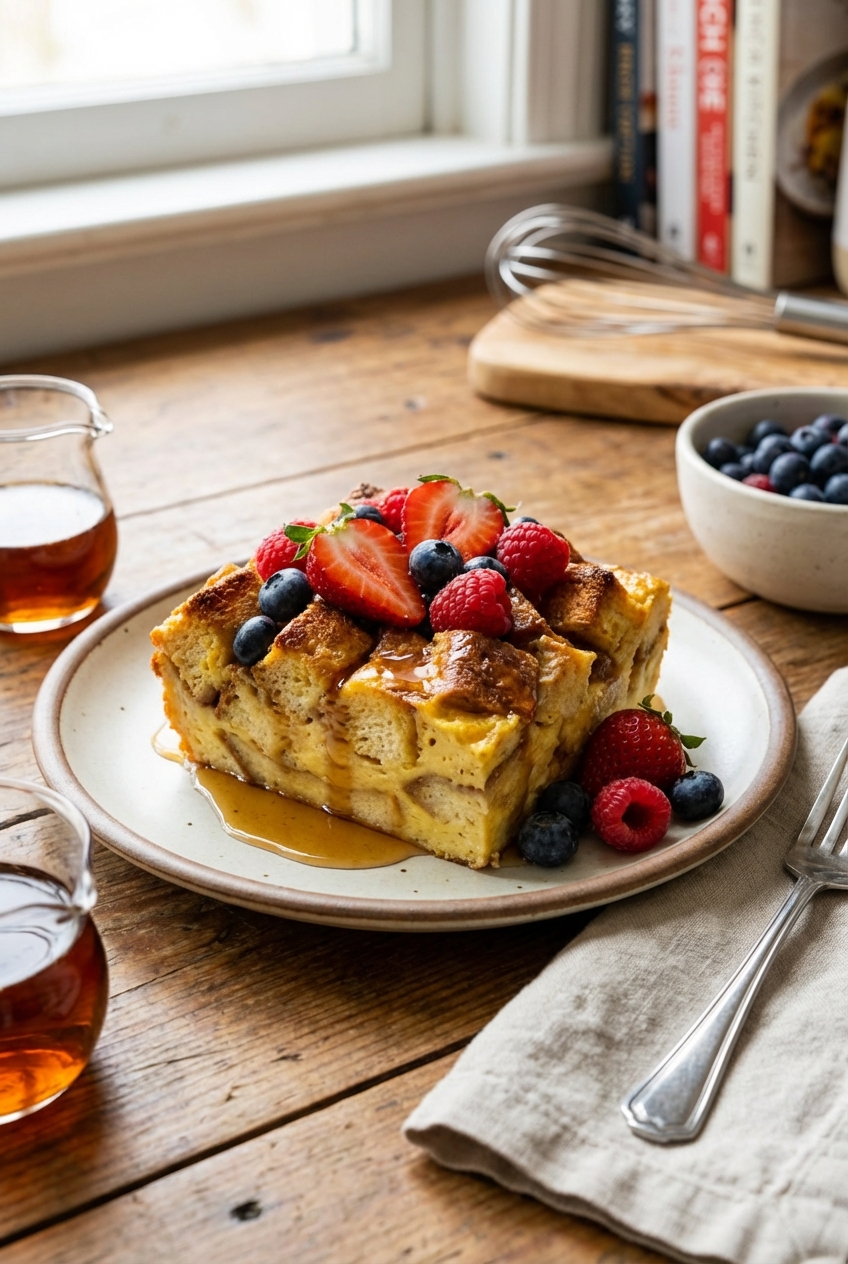 A slice of baked French toast casserole on a plate with maple syrup and fresh berries