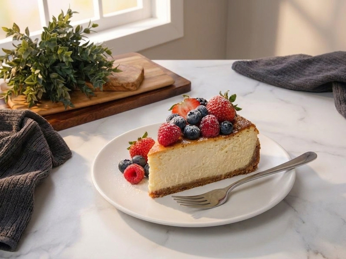 A slice of baked cheesecake topped with fresh berries on a white plate with a fork, set on a simple table setting