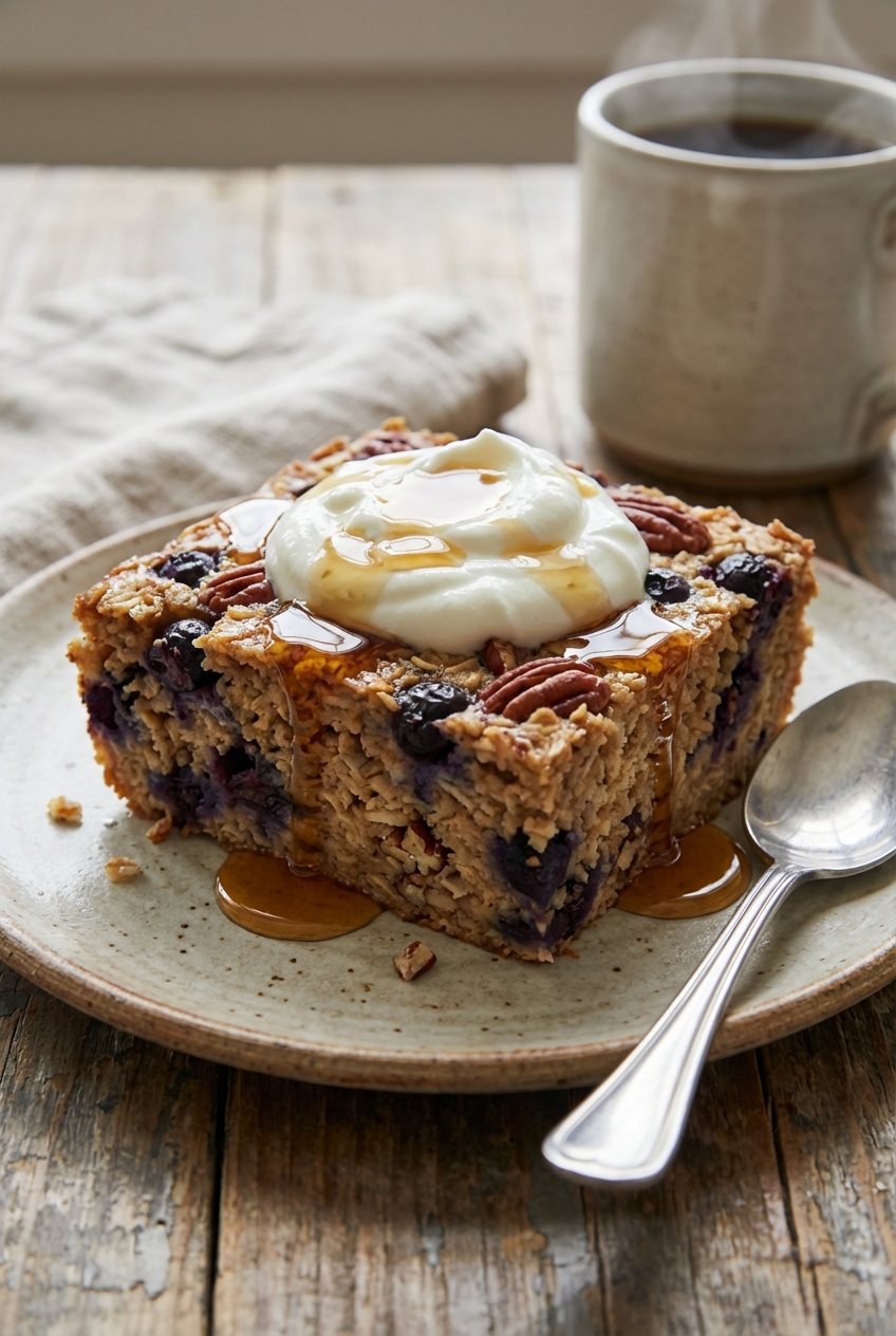 A slice of baked oatmeal on a plate with a spoonful of Greek yogurt and a drizzle of maple syrup