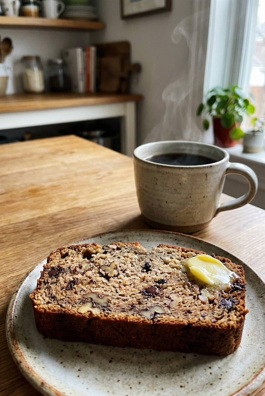 A slice of banana bread on a plate with a small smear of butter and a mug of coffee beside it