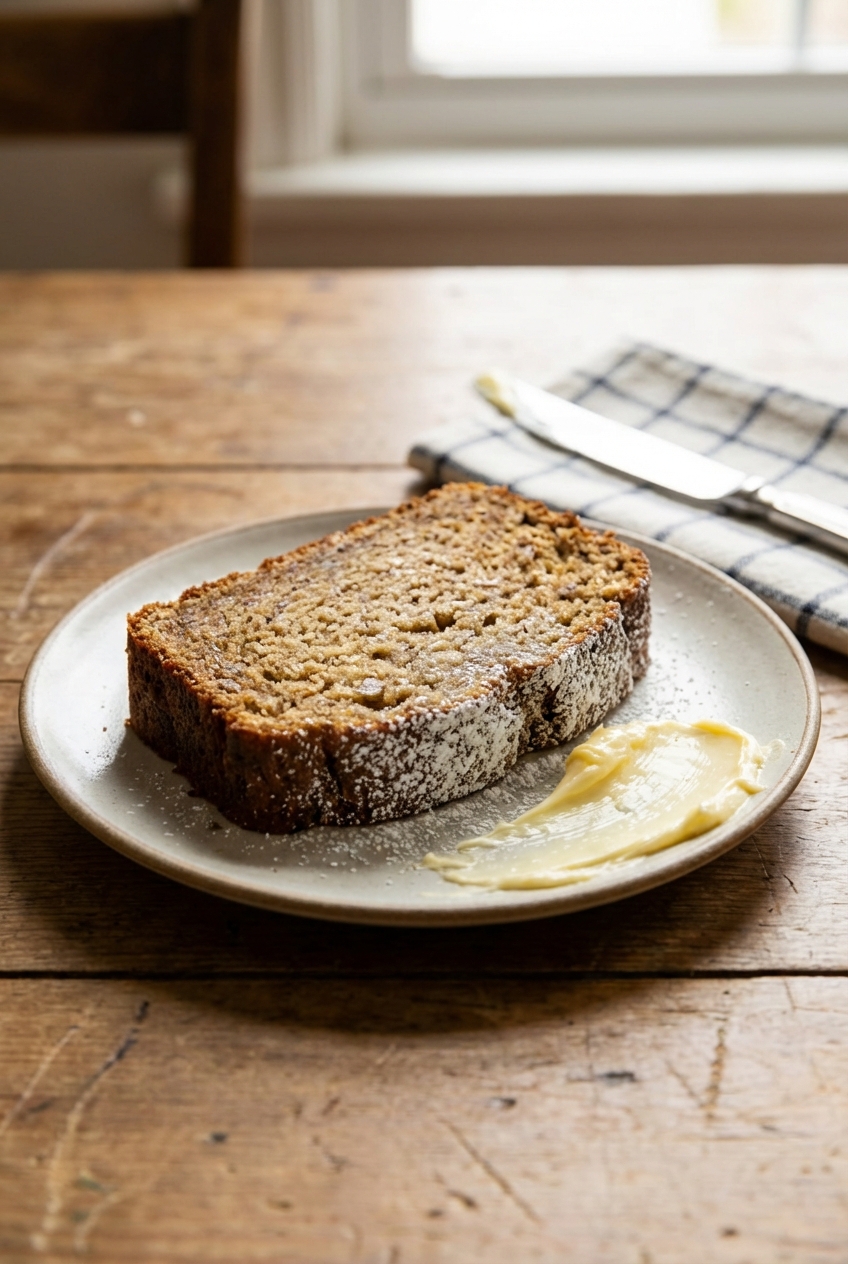 A slice of banana bread on a plate with a smear of butter