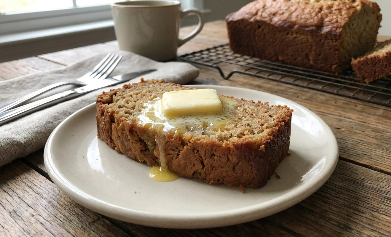 A slice of banana loaf on a small plate with a pat of butter melting on top at a breakfast table setting