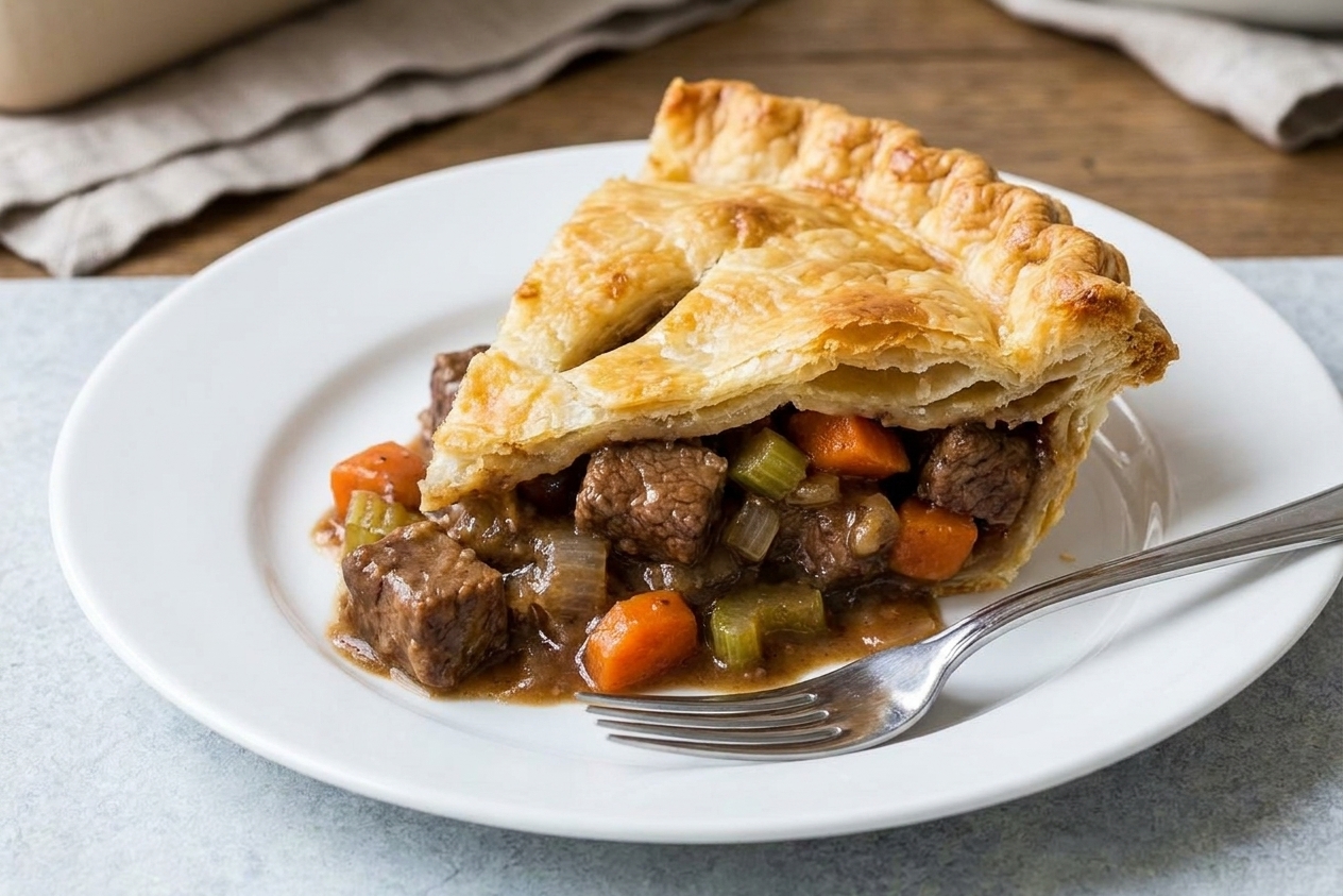 A slice of beef pot pie showing tender beef and vegetables in thick gravy under a flaky golden crust on a dinner plate