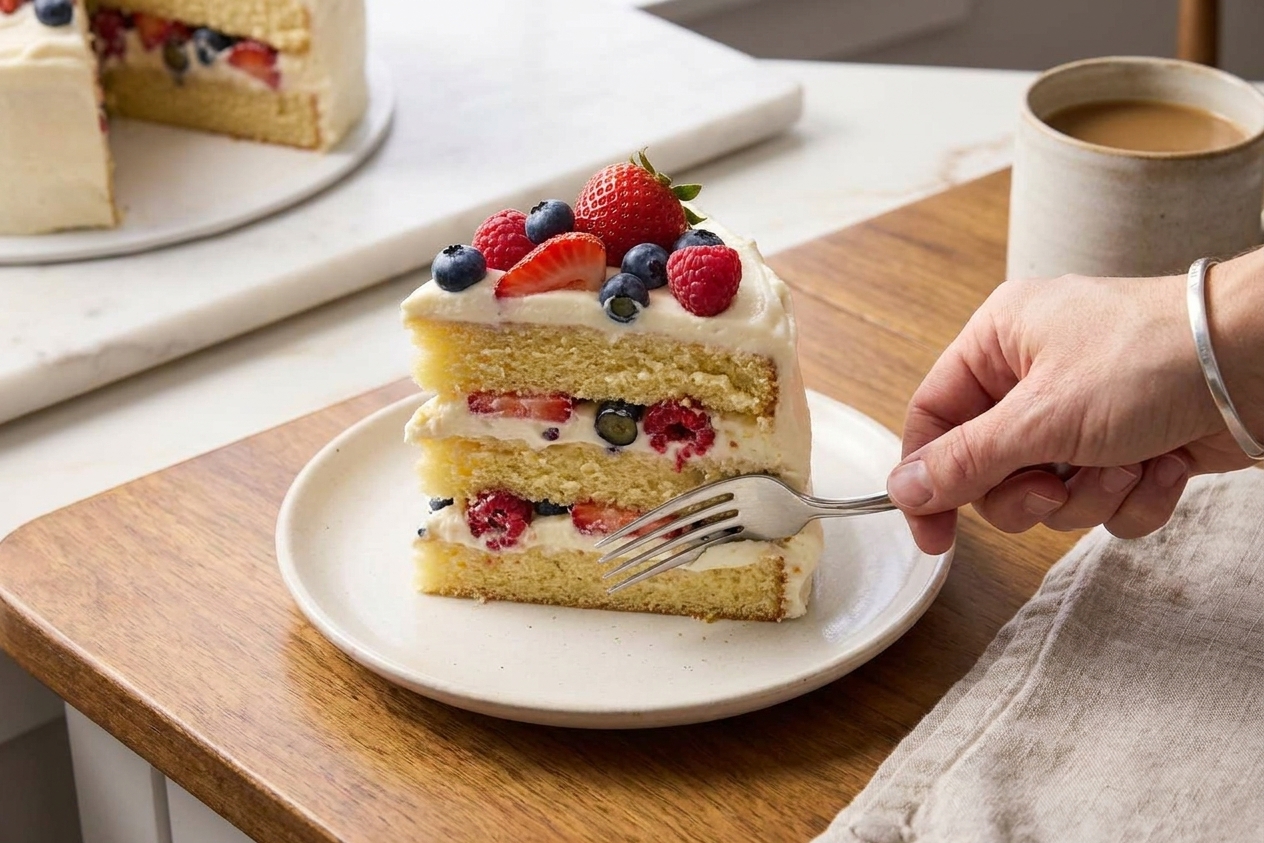 A slice of berry Chantilly cake on a small plate, showing fluffy vanilla layers, thick mascarpone Chantilly cream, and fresh strawberries, blueberries, and raspberries in bright natural kitchen light