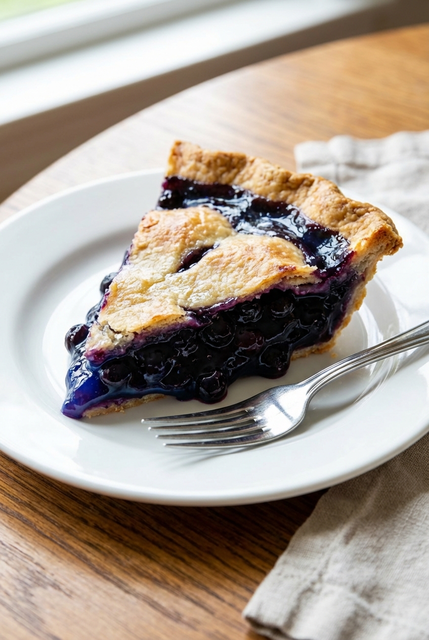 A slice of blueberry pie with glossy filling on a plate next to a fork