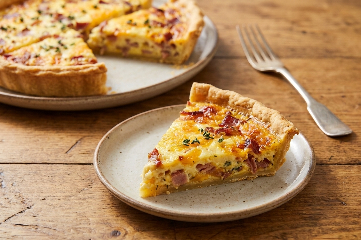 A slice of breakfast quiche with a golden top and visible bacon and cheddar on a plate, with the remaining quiche in the background