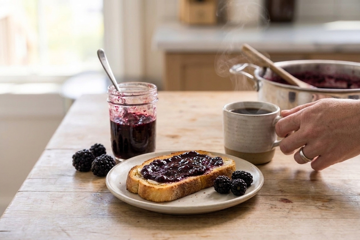 A slice of buttered toast spread with blackberry jam on a small ceramic plate set on a kitchen table with a cup of coffee