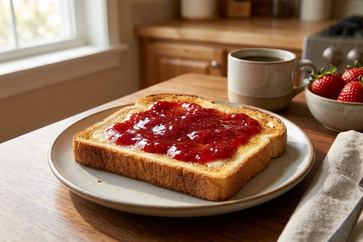 A slice of buttered toast spread with glossy strawberry jelly on a simple plate at a breakfast table in morning light