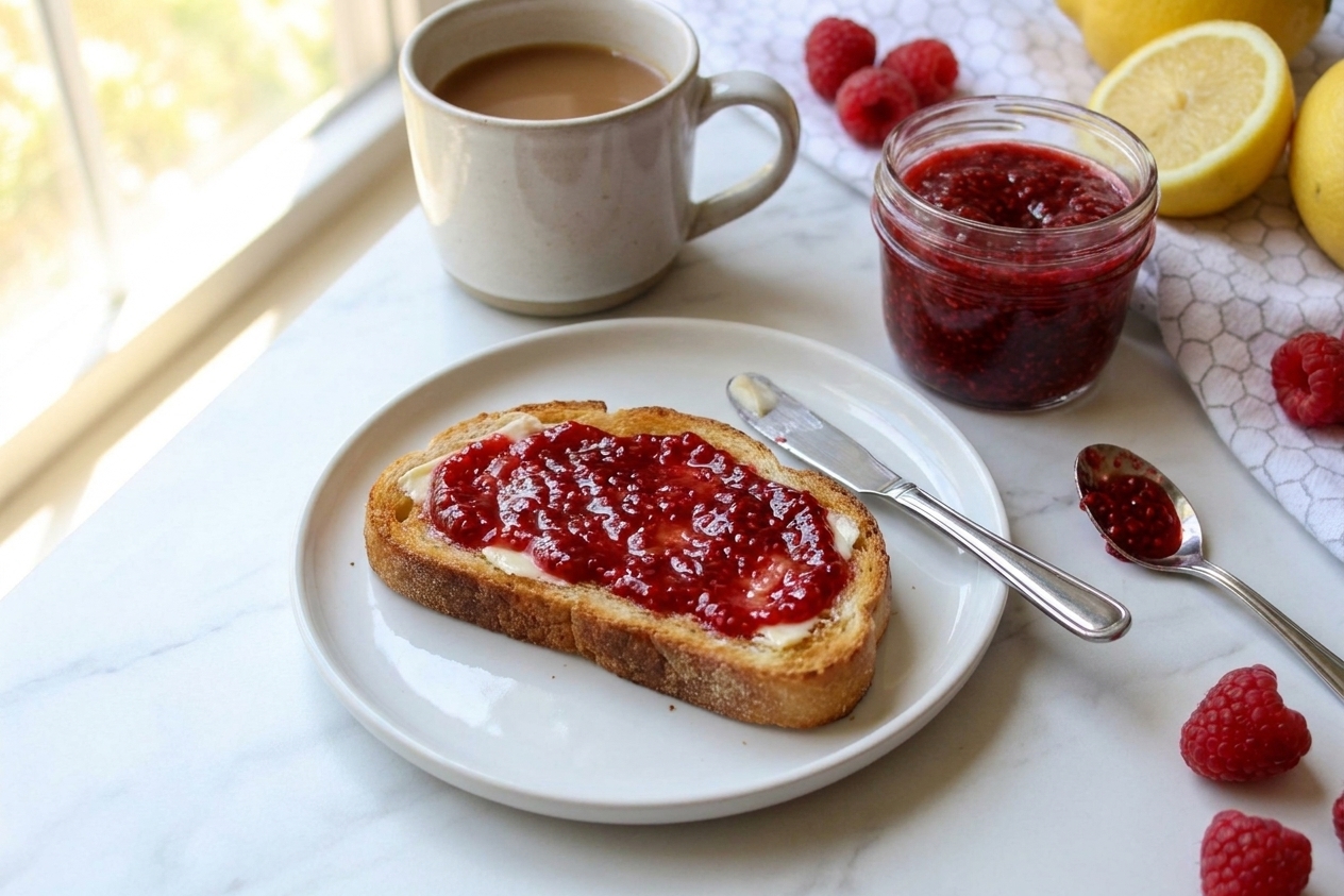A slice of buttered toast spread with raspberry jam on a simple plate at a breakfast table with a mug nearby