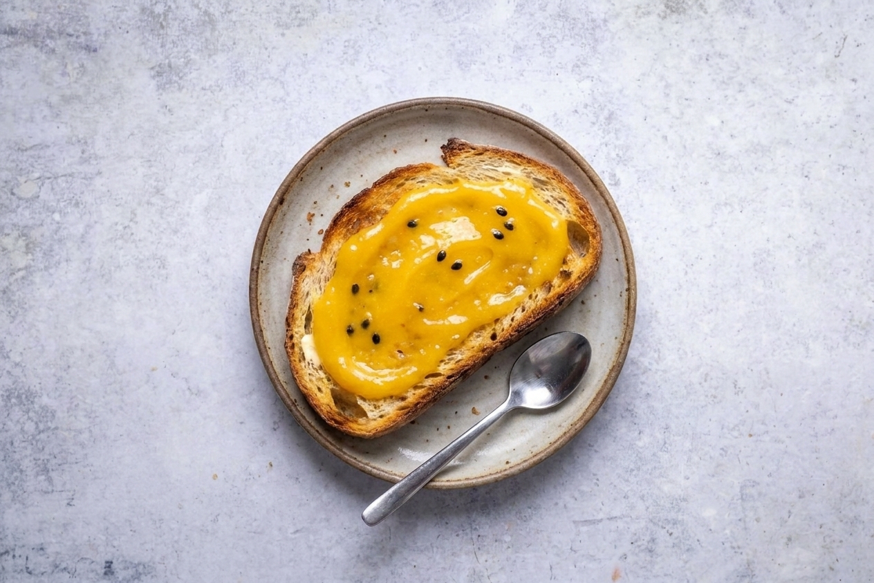A slice of buttered toast topped with a generous smear of passion fruit curd on a small plate with a spoon nearby