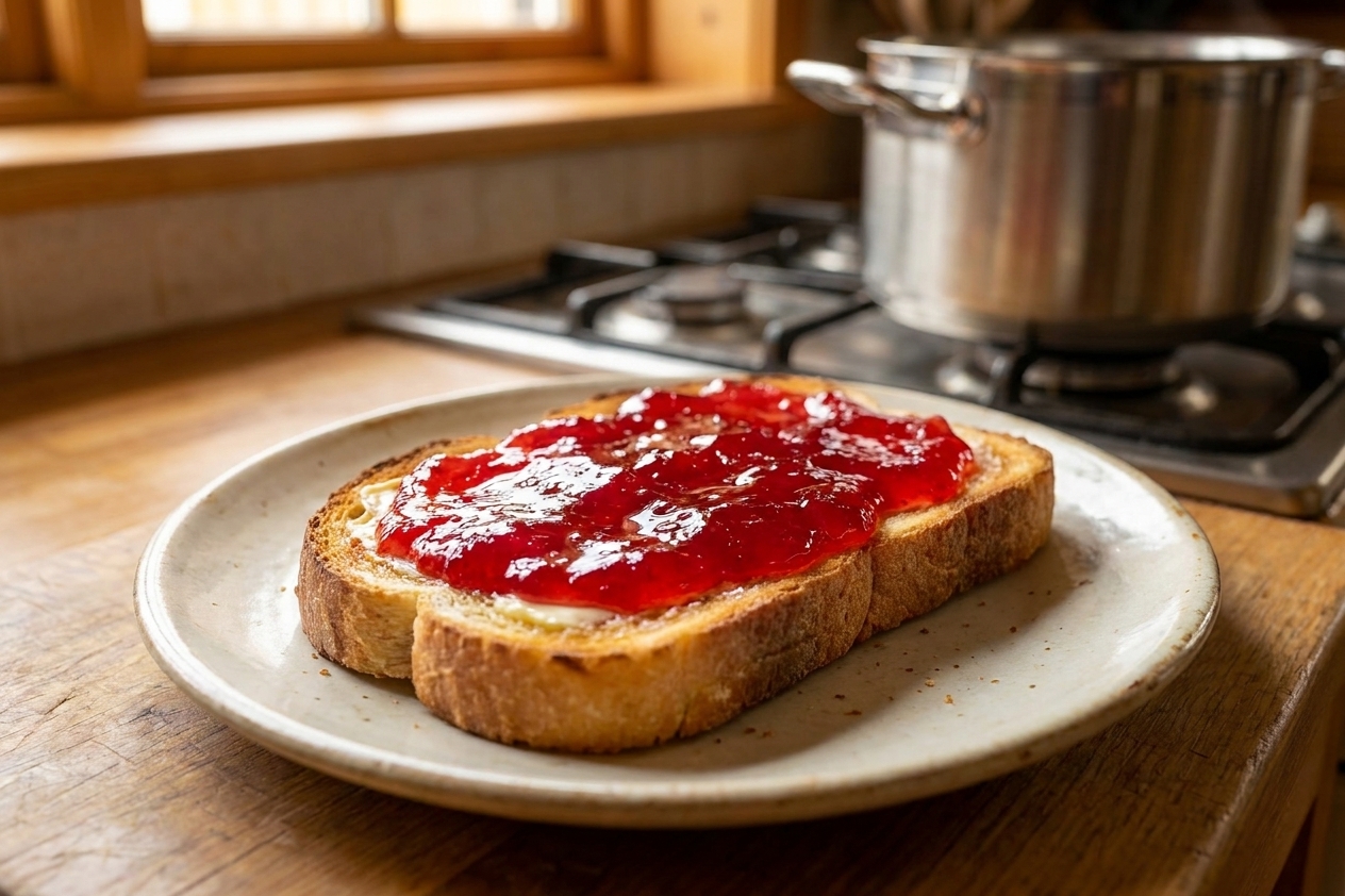 A slice of buttered toast topped with a glossy layer of crab apple jelly on a ceramic plate at a kitchen table