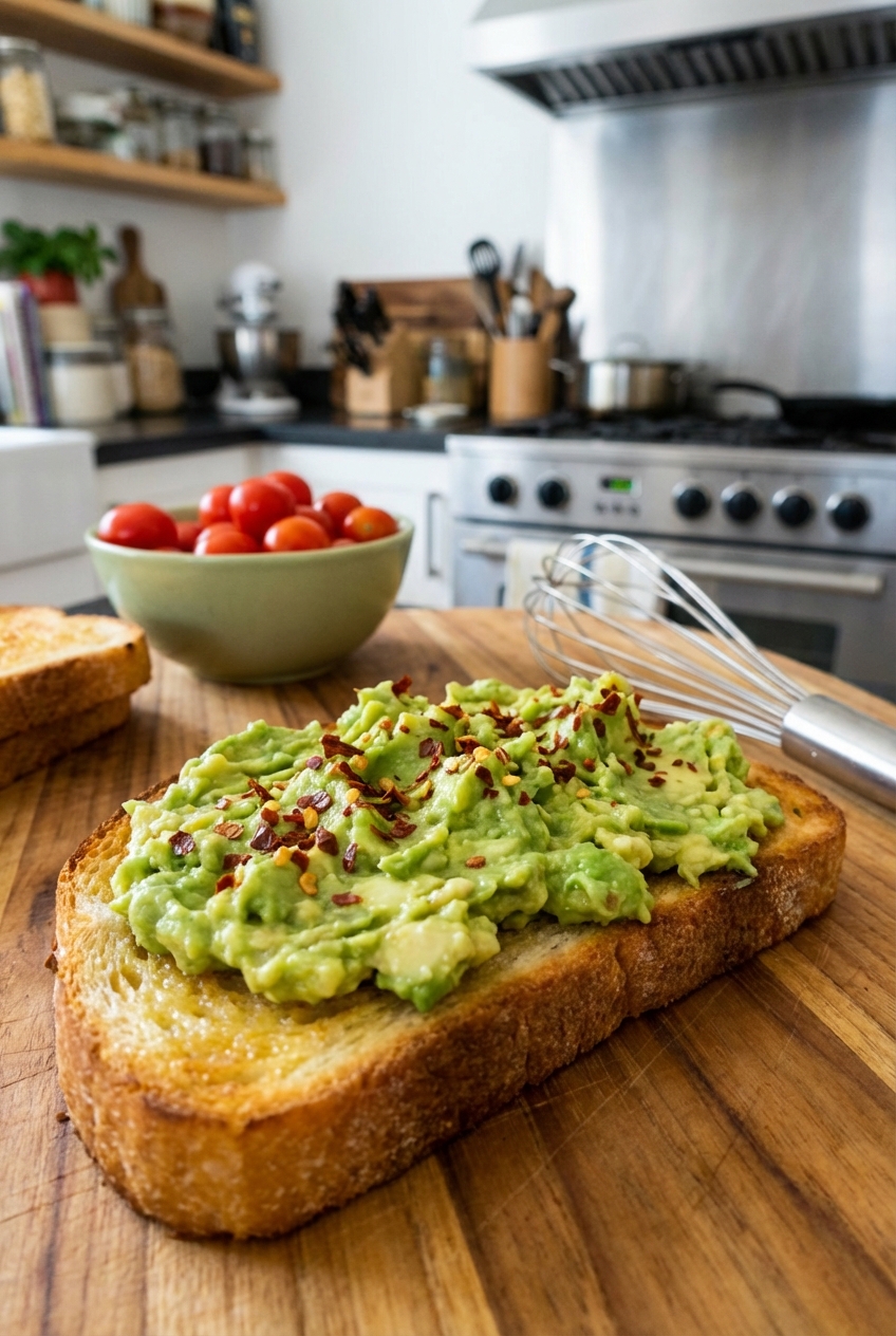 A slice of buttered toast topped with mashed avocado and chili flakes