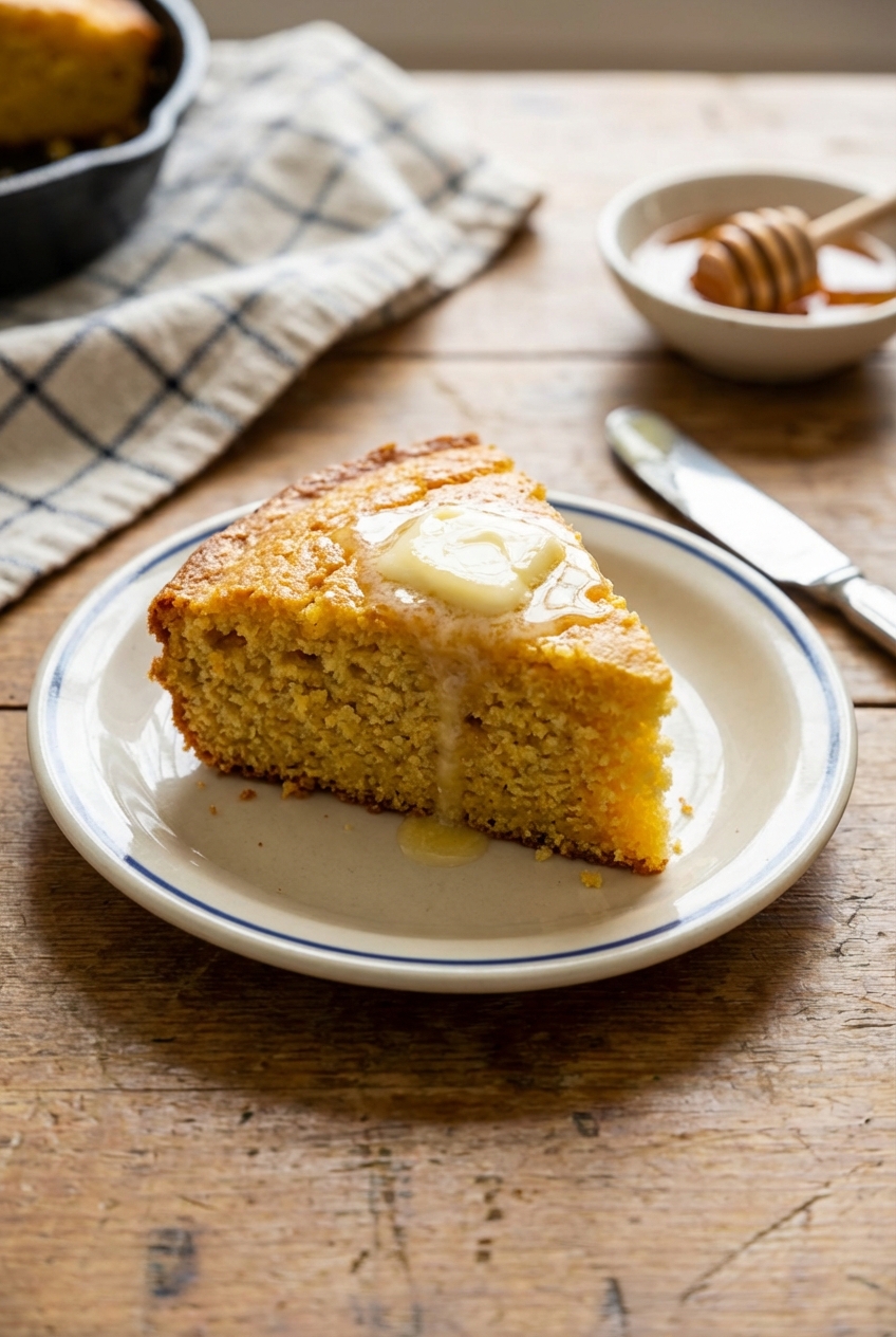 A slice of buttery cornbread on a small plate