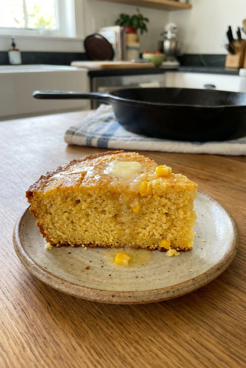 A slice of buttery cornbread on a small plate