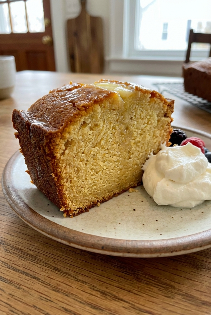 A slice of buttery pound cake on a dessert plate