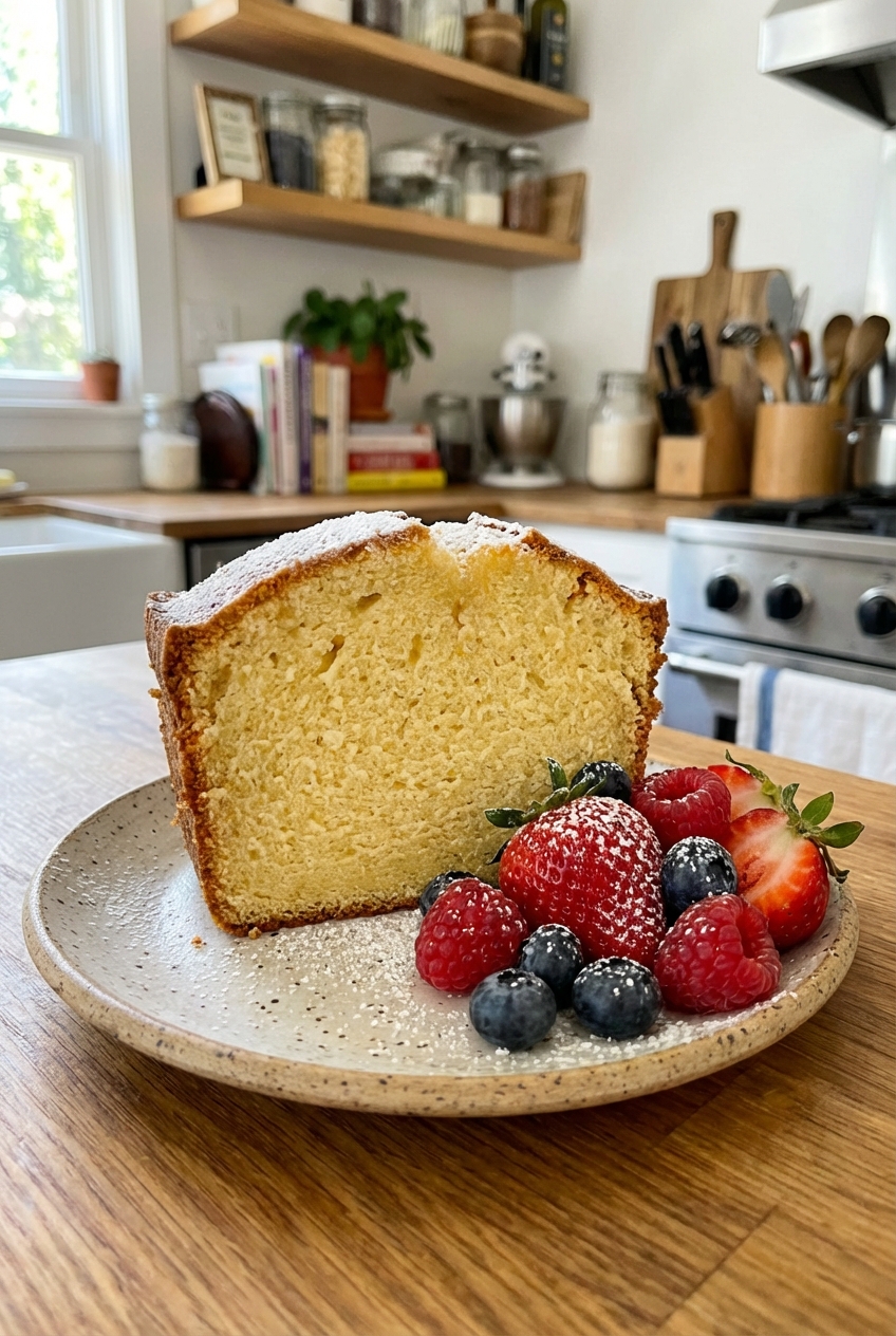 A slice of buttery pound cake on a small plate with berries