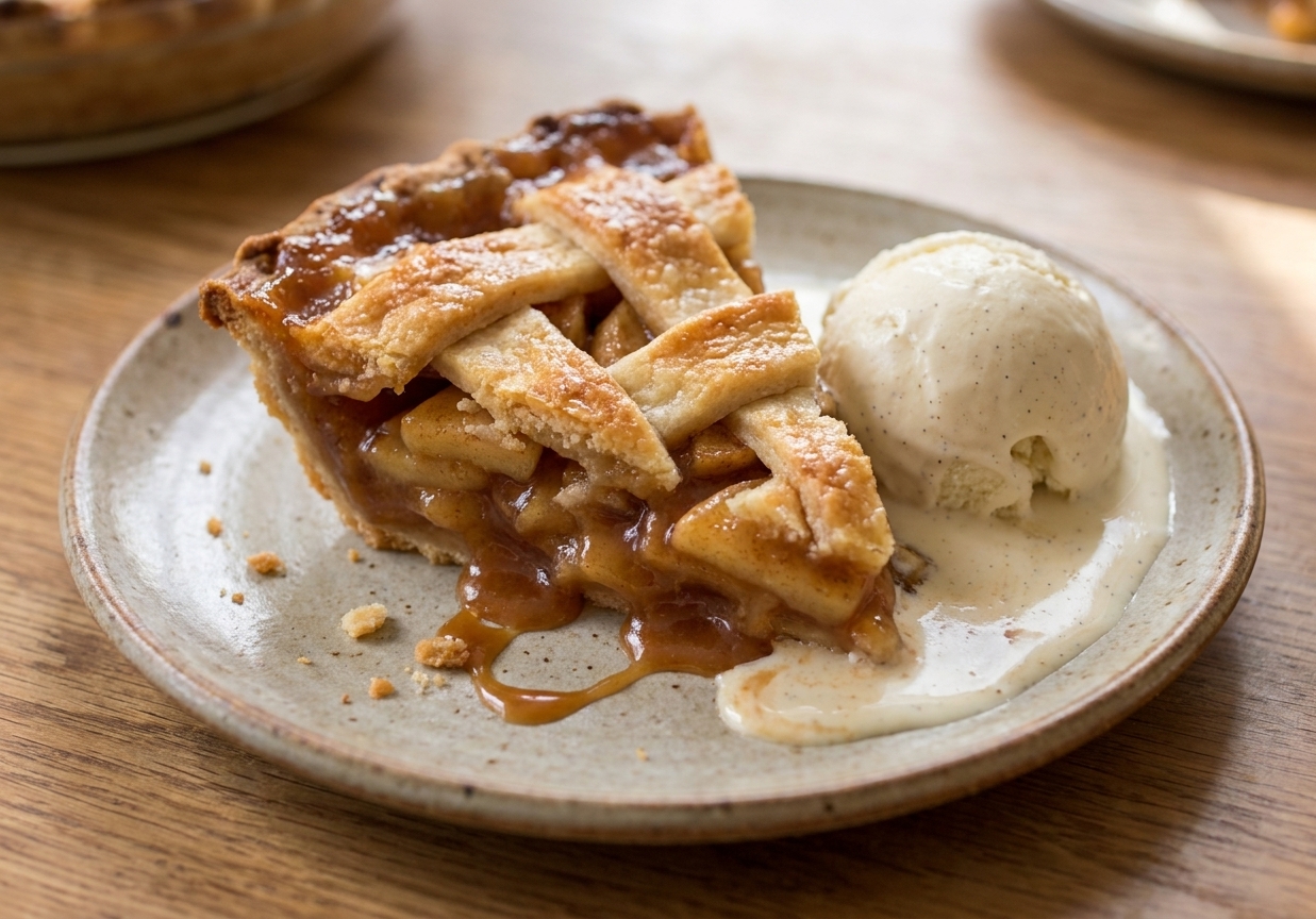 A slice of caramel apple pie on a plate with a scoop of vanilla ice cream melting slightly on the side