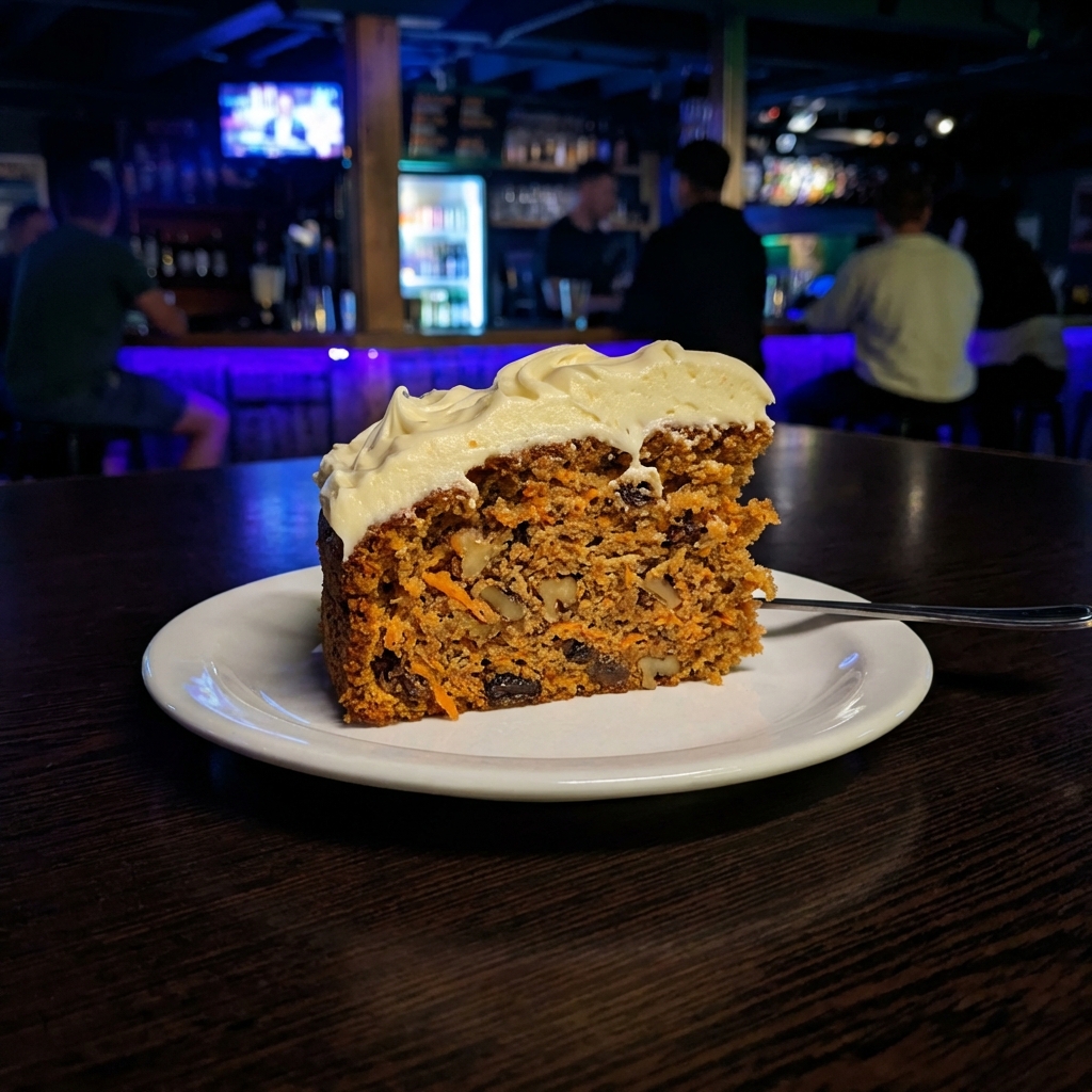 A slice of carrot cake with cream cheese frosting on a small plate