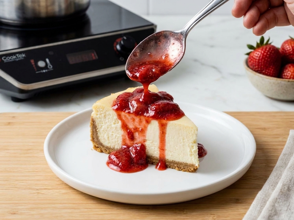 A slice of cheesecake on a dessert plate topped with a generous spoonful of strawberry sauce, set on a simple table setting