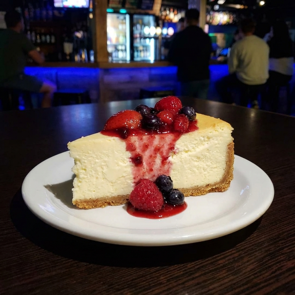 A slice of cheesecake with a berry sauce on a small plate