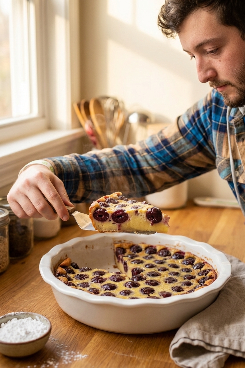 A slice of cherry clafoutis being lifted from a baking dish with a spatula, showing a custardy interior with whole cherries, warm kitchen lighting
