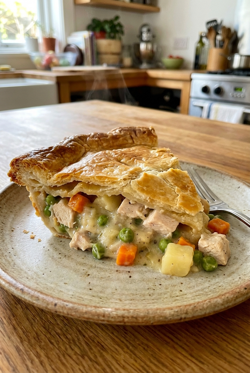 A slice of chicken pot pie with a golden top crust and creamy filling
